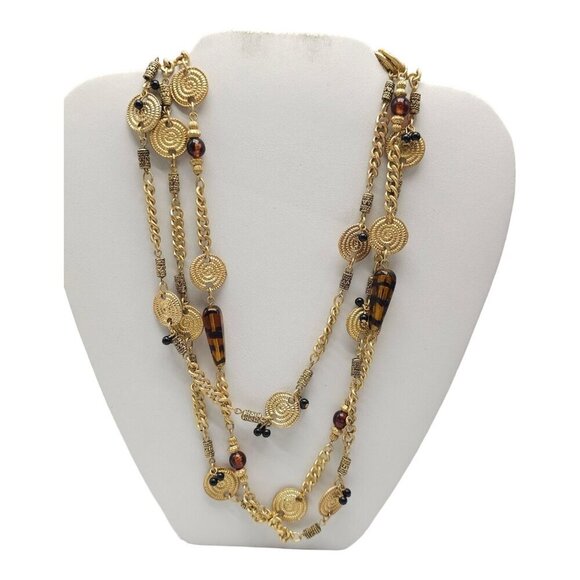 Triple Strand Tiger's Eye Spiral Disc Station Chain Necklace Gold Tone High End - Picture 1 of 5
